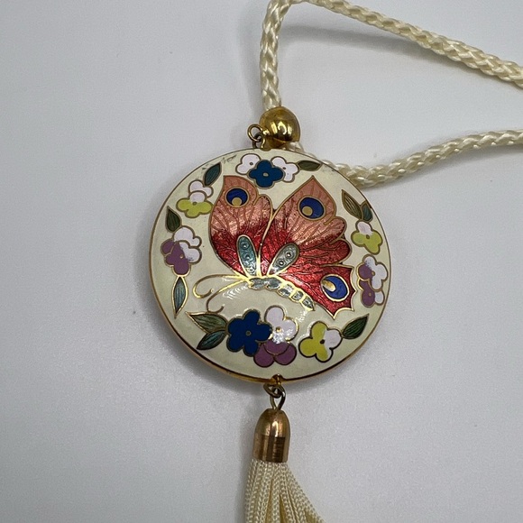 Rare Vintage Necklace Cloisonne Enamel Butterfly Pendant with Tassel - Picture 2 of 2